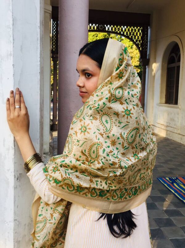 IMG3 - Handcrafted Chanderi Block Printed Dupatta – Green Paisley Charm