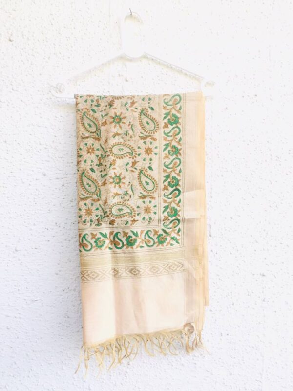 IMG4 - Handcrafted Chanderi Block Printed Dupatta – Green Paisley Charm