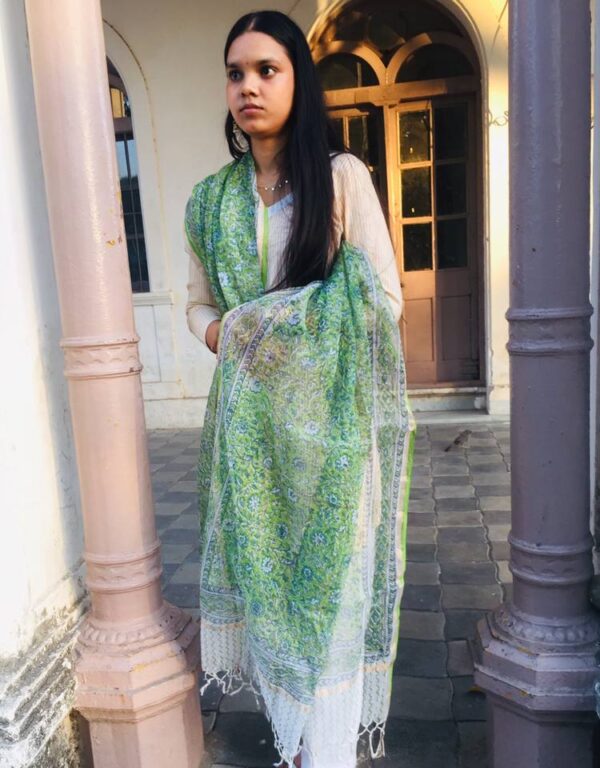 IMG1 - Handcrafted Kota Block Printed Dupatta – Green Floral Elegance