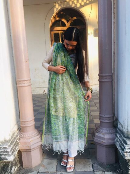 IMG2 - Handcrafted Kota Block Printed Dupatta – Green Floral Elegance