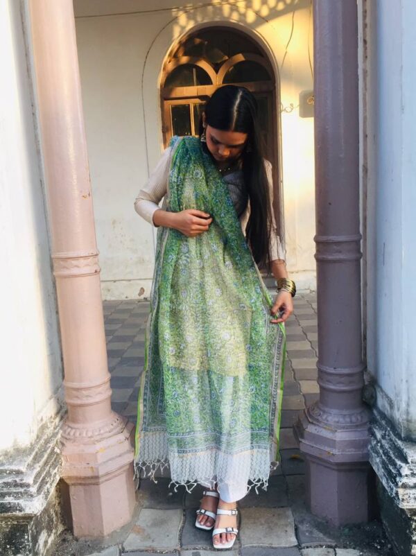 IMG2 - Handcrafted Kota Block Printed Dupatta – Green Floral Elegance