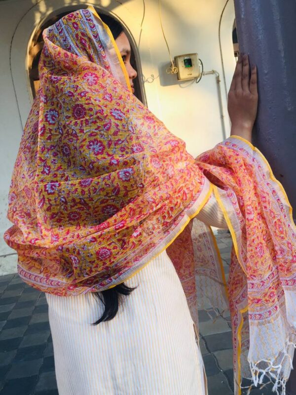 IMG3 - Handcrafted Kota Block Printed Dupatta – Peach Floral Elegance